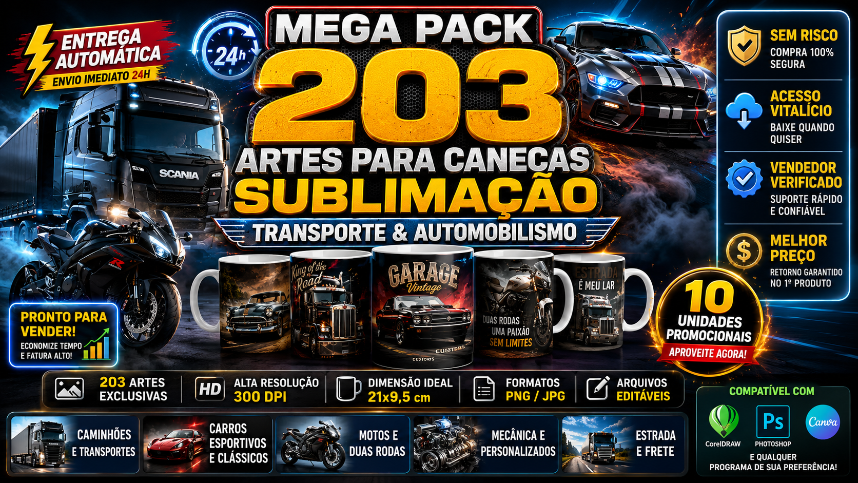 🚚 MEGA PACK 203 ARTES CANECAS SUBLIMAÇÃO TRANSPORTE & AUTOMOBILISMO 🚗💨 [ENTREGA AUTOMÁTICA]