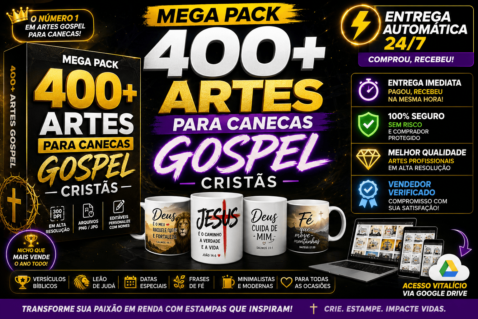 MEGA PACK 400+ ARTES PARA CANECAS GOSPEL CRISTÃS EDITÁVEIS | ENTREGA AUTOMÁTICA | MELHOR PREÇO