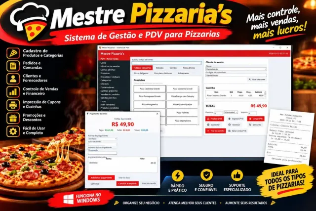 Mestre Pizzaria's - Sistema PDV para Pizzaria (Pagamento Único, uso Vitalício)